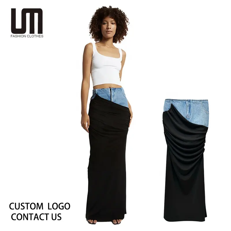 Liu Ming yüksek moda tasarımcısı kadın yeni varış Denim Patchwork renk yüksek bel siyah pileli uzun asimetrik etek