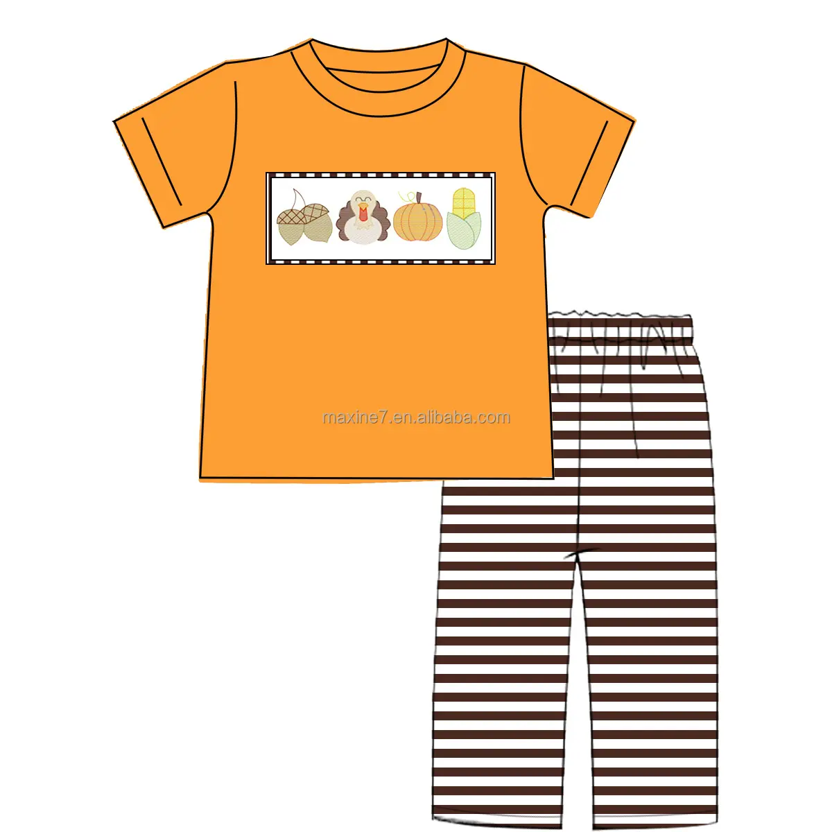 Puresun conjunto de roupas infantis, conjunto de roupas para crianças de ação de graças, algodão, 2 peças, bordados de peru, meninos
