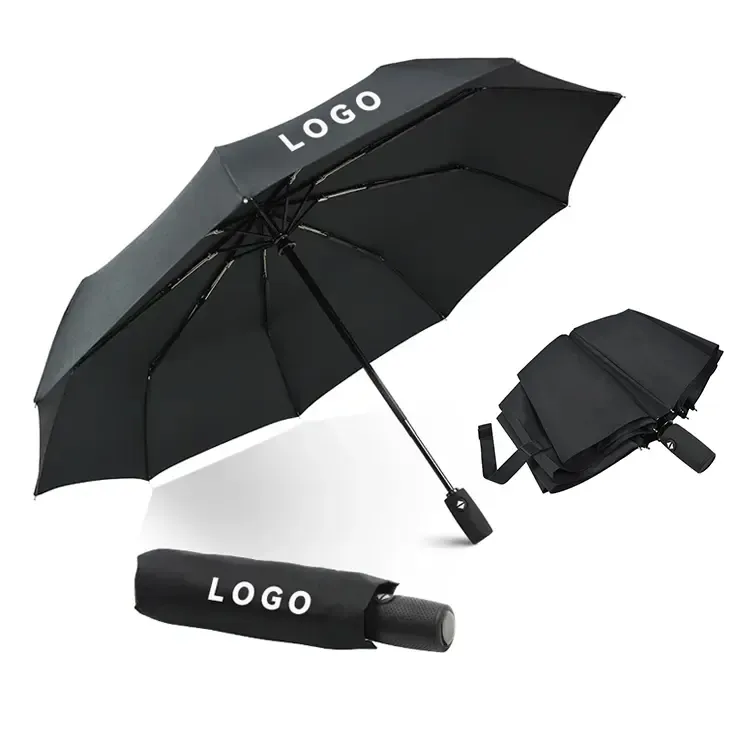 Vente en gros parapluie personnalisé de haute qualité 3 plis pliable coupe-vent uv noir à ouverture automatique pour la pluie