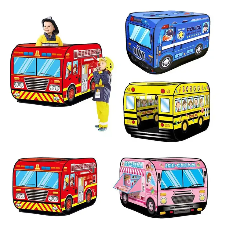 Hochwertige Cartoon Camping Kinder zelt Popup Spielhaus Feuerwehr auto Polizeiauto Zelt Indoor Outdoor Spiel Haus Bus Zelt