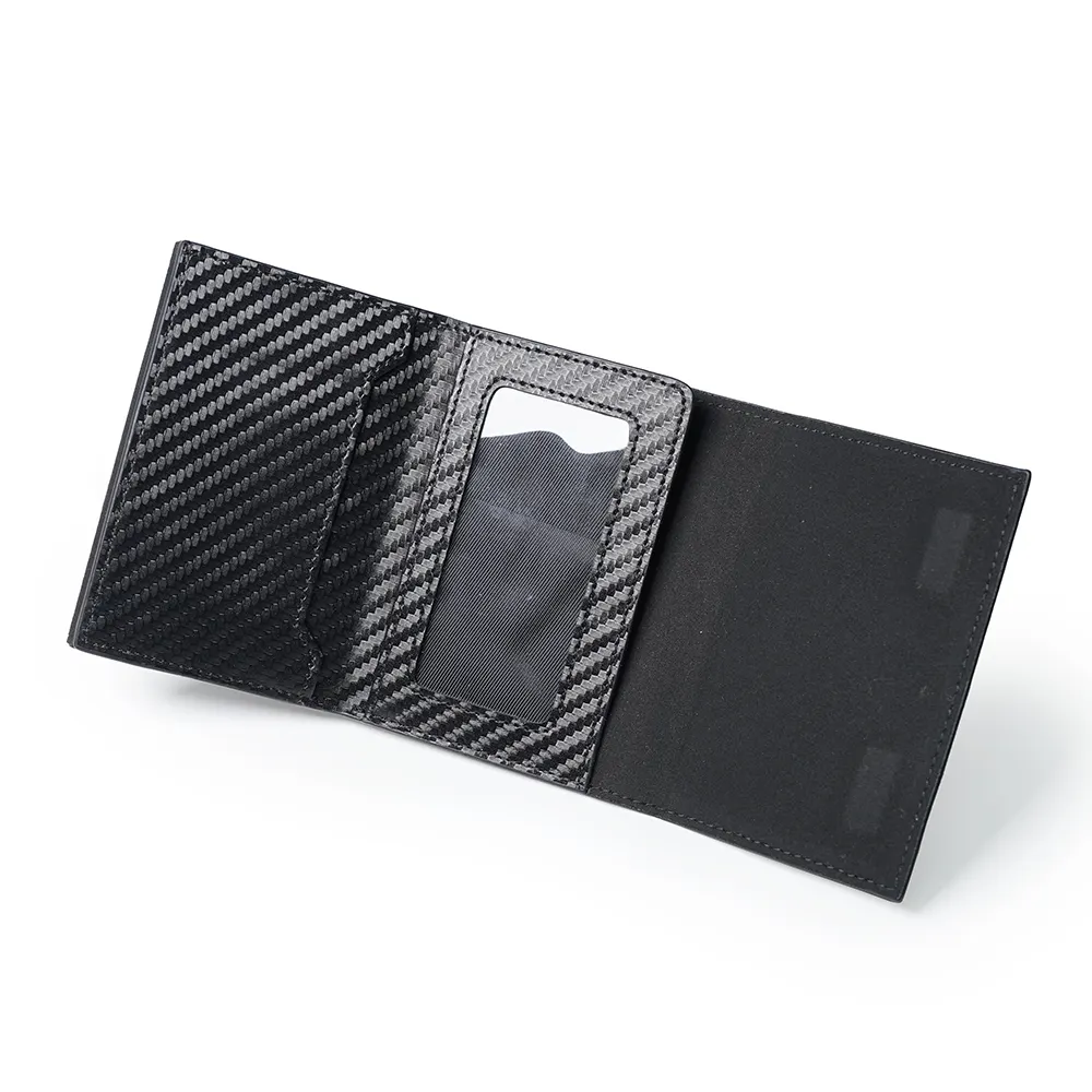 Personalizado Mens Slim pop-up Wallet pu cuero aluminio tarjetero RFID bloqueo billetera para hombres