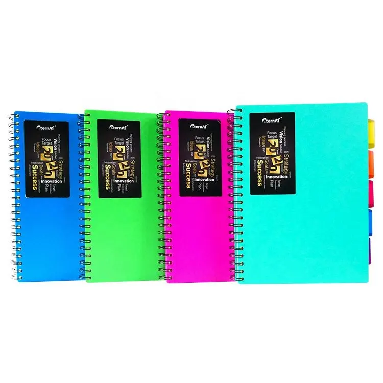 A buon mercato 5 colore soggetto divisore rilegatura a spirale A4 notebook personalizzato stampa di marchio PP copertura 200 Fogli notebook con Tasca