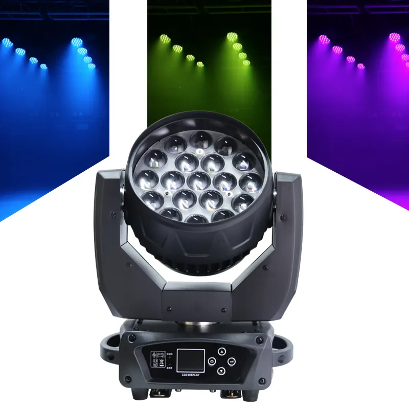 Projecteur de lumière à tête mobile, éclairage LED professionnel de lavage, faisceau RGBW 19x15w Zoom, lumière de scène, barre de fête de mariage