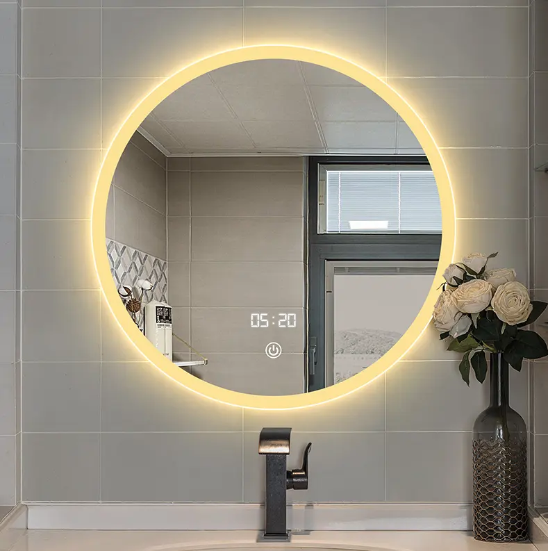 Espejo redondo de baño con pantalla táctil Led, espejo redondo decorativo montado en la pared