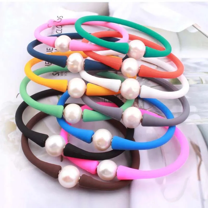 Multicolor Round Freshwater Pearl Sport Casual Waterproof Silicone Bracelet Colorful Gift for Lover Bangle charm For Friendship