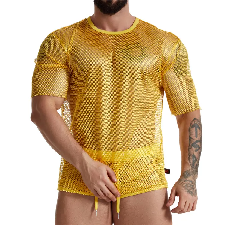 OEM Custom See Through Yellow Tank Tops Men Sexy fishnet Lingerie Set Mens Erotic trasparente Boxer slip Mesh Underwear For Men