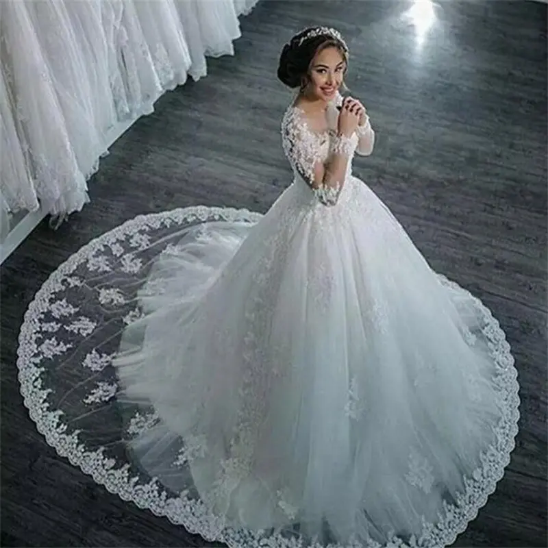 Grande taille nouvelle robe de mariée de luxe à manches longues Sexy dentelle une épaule col en V mince longue Train robe de mariée