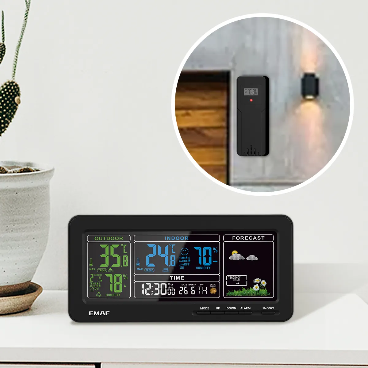 EMAF más nuevo decoración del hogar termómetro digital humedad sensor al aire libre reloj inalámbrico estación meteorológica reloj