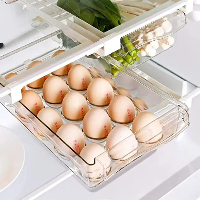 Laci Penyimpanan Telur Kulkas, Wadah Telur untuk Kulkas Mini, Laci Lemari Es Mini, Organizer Tarik Keluar Nampan Telur