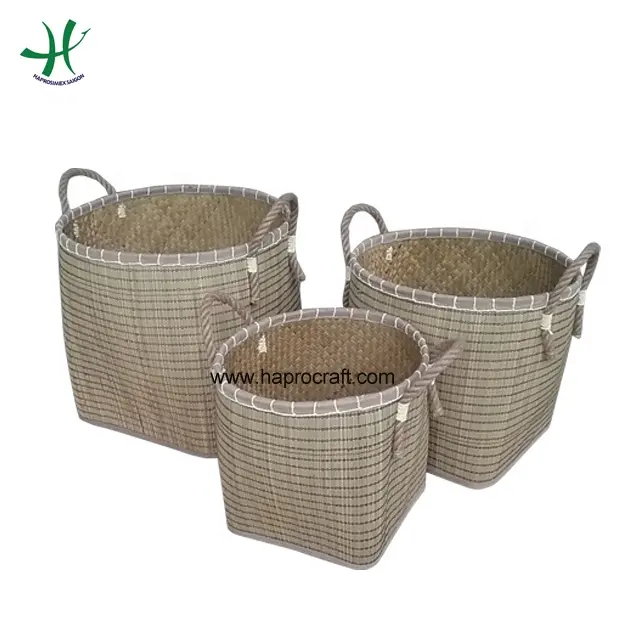 Набор из 3 корзин для хранения одежды из морской травы с веревочной ручкой, сделанный во Вьетнаме, хранение и организация