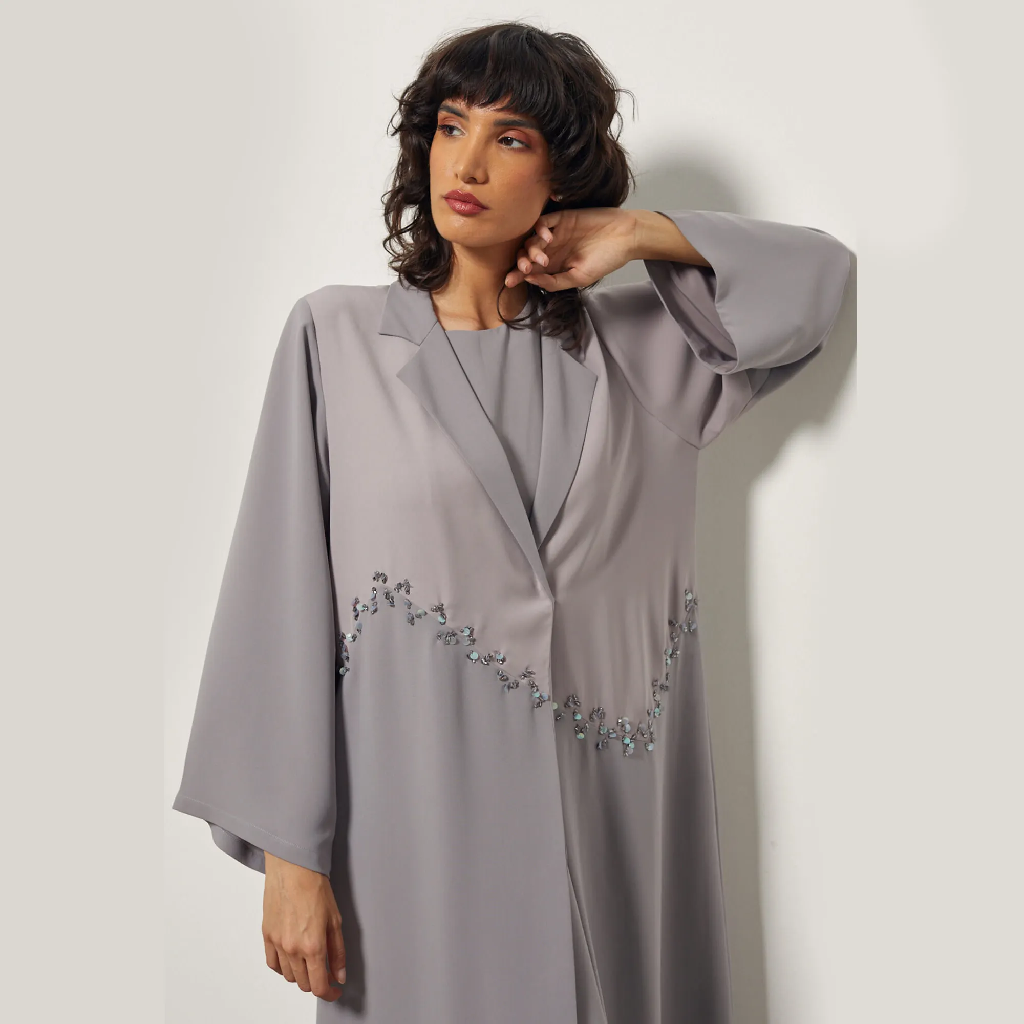 사용자 정의 두 조각 세트 패션 오픈 Abaya 맥시 드레스 느슨한 일반 2 색 바느질 캐주얼 abaya