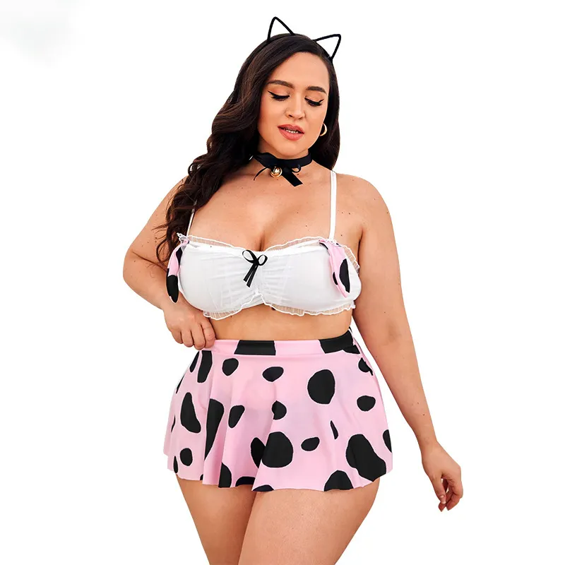 Disfraz de Cosplay de Anime para mujer de talla grande, paquete de 3, conjunto de disfraces de chica conejita con estampado de vaca, disfraces de gato Sexy