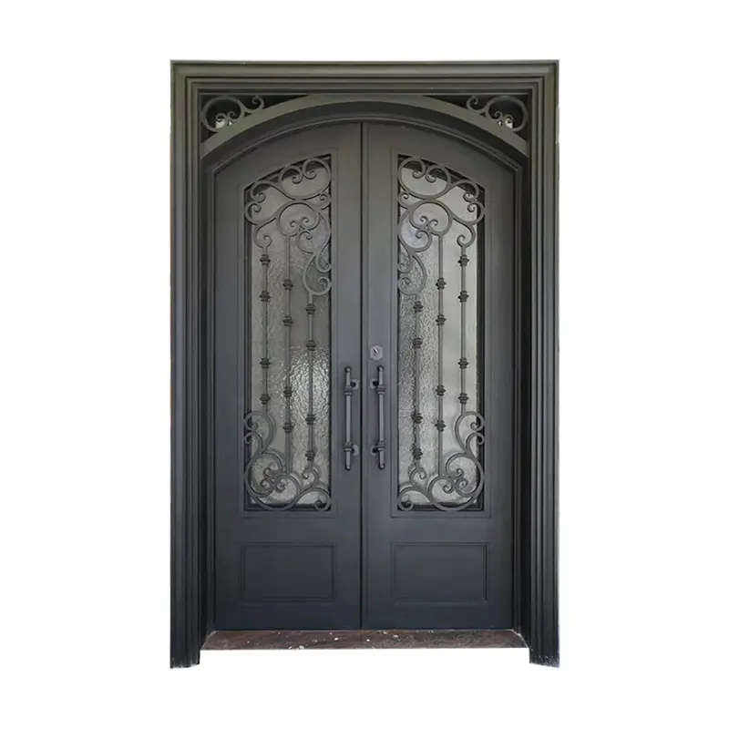 Оптовая цена, двойная входная кованая железная дверь, закаленное стекло, кованая железная основная дверь