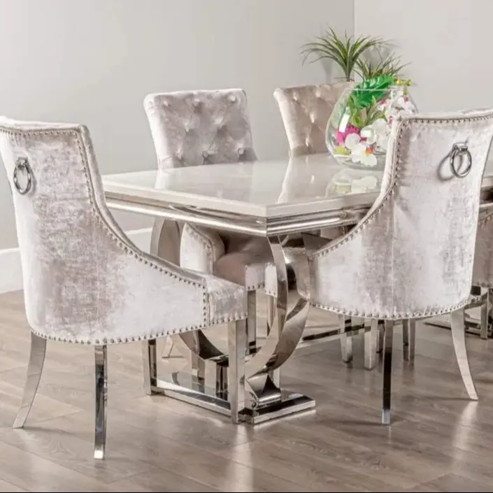 Mesas e cadeiras de jantar do aço inoxidável da mobília moderna da sala ajustadas mesa de jantar superior do mármore tabela de jantar ajustado para a casa