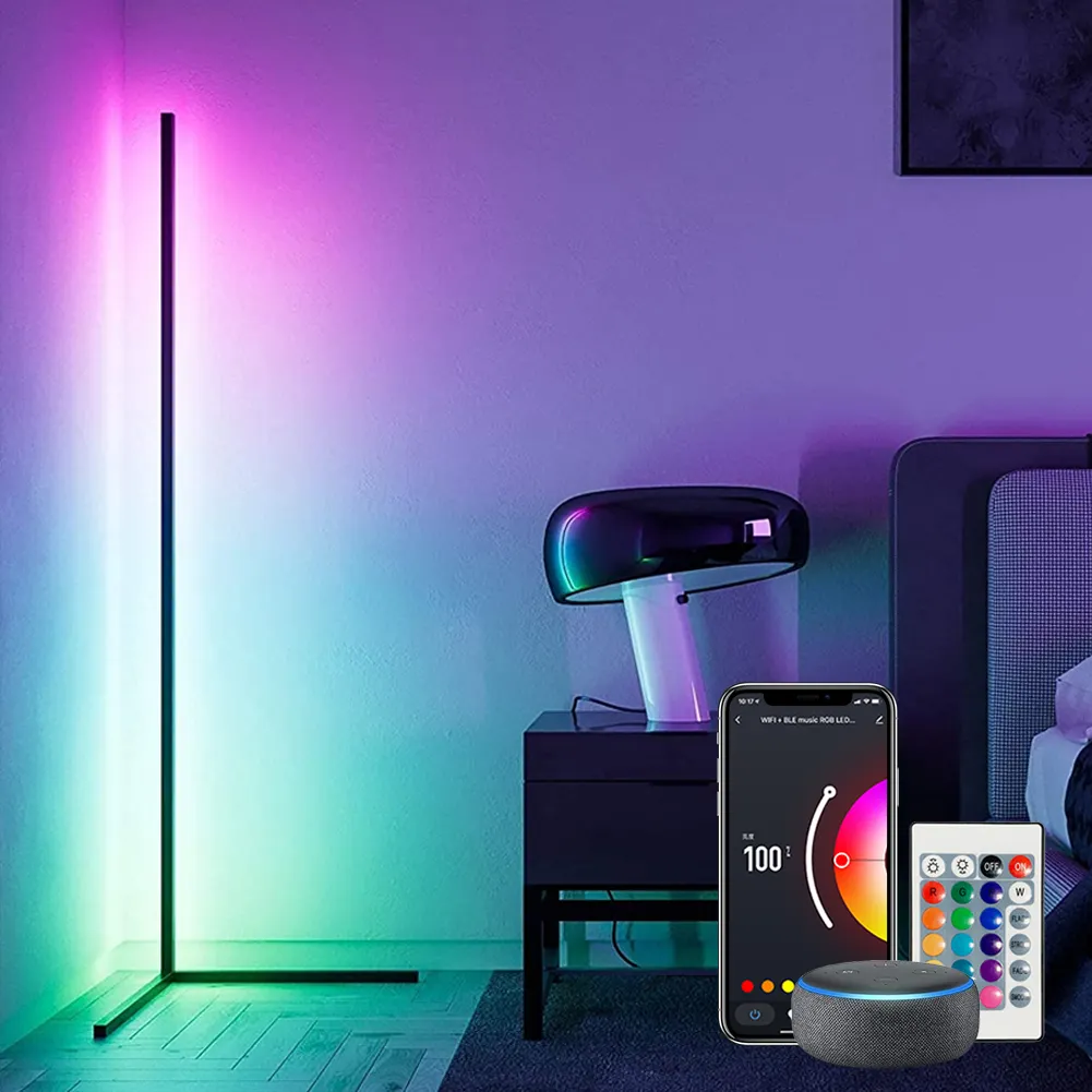OEM สมาร์ท WIFI BLE มุมโคมไฟชั้นห้องนอน RGB เปลี่ยนสียืนแสงควบคุมเสียง Alexa Tuya โมเดิร์น LED โคมไฟชั้น