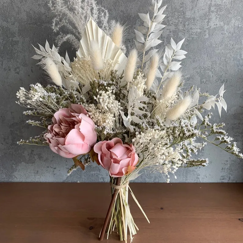 Buquê de rosas seca preservado, pequeno vaso para mesas, grama mista e seca, flores secas