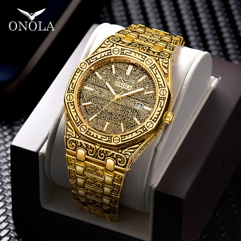ONOLA jam tangan emas 3812 pria, arloji bisnis Quartz tahan air