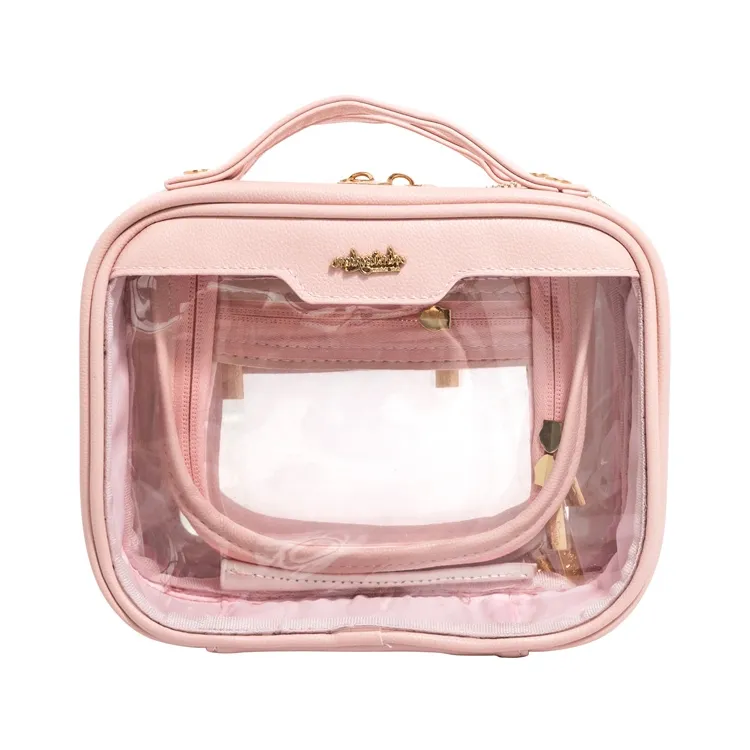 Campione gratuito trasparente trasparente 2 strati borsa cosmetica da viaggio portatile rosa trasparente borsa cosmetica con manico