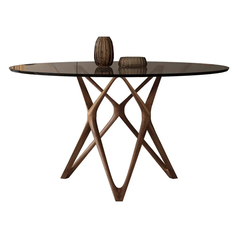 Juego de mesas de comedor de diseño italiano moderno para muebles de comedor base de madera mesas redondas de vidrio muebles de restaurante 6 8 sillas