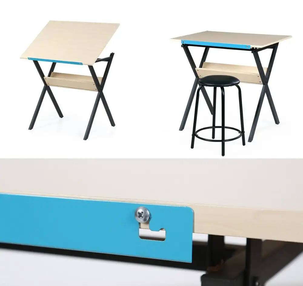 Factory verkoop kleine formaat draagbare kunst en ambacht opstellen tafel bureau hout kantelbaar top metalen benen tekening tafel met stoel