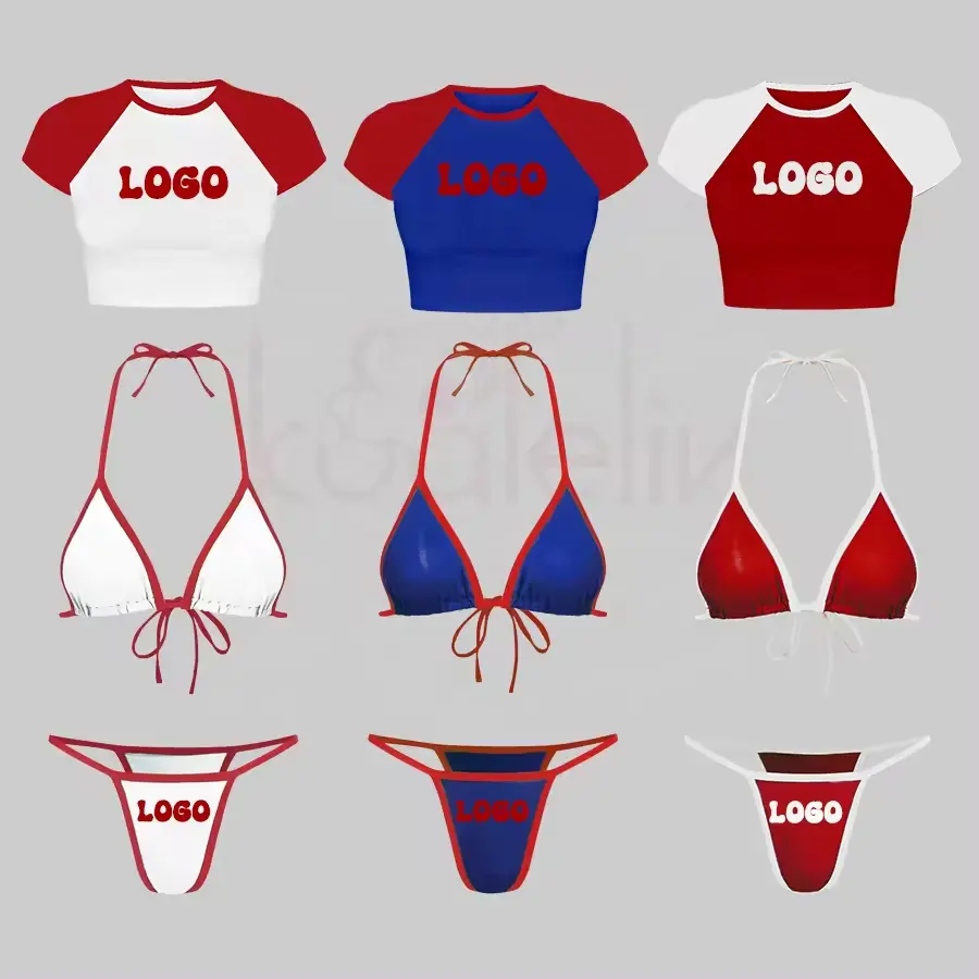 Özel spor seksi mayo kadınlar 2 parça mikro Mini Bikini seti eşleşen T Shirt mayo kadınlar için Beachwear mayo 2024