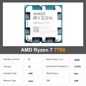 หน่วยประมวลผล AMD Ryzen 7 7700 5.3GHz 8-core 16-Thread 40MB แคชเกม5NM TDP 65W ซ็อกเก็ต AM5การเล่นเกมซีพียูกราฟิกแบบบูรณาการ - Product Image 2