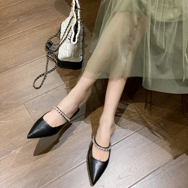Sandalias con diamantes de imitación para mujer, zapatos planos con tacón de punta estrecha, zapatillas de fiesta, novedad de 2023