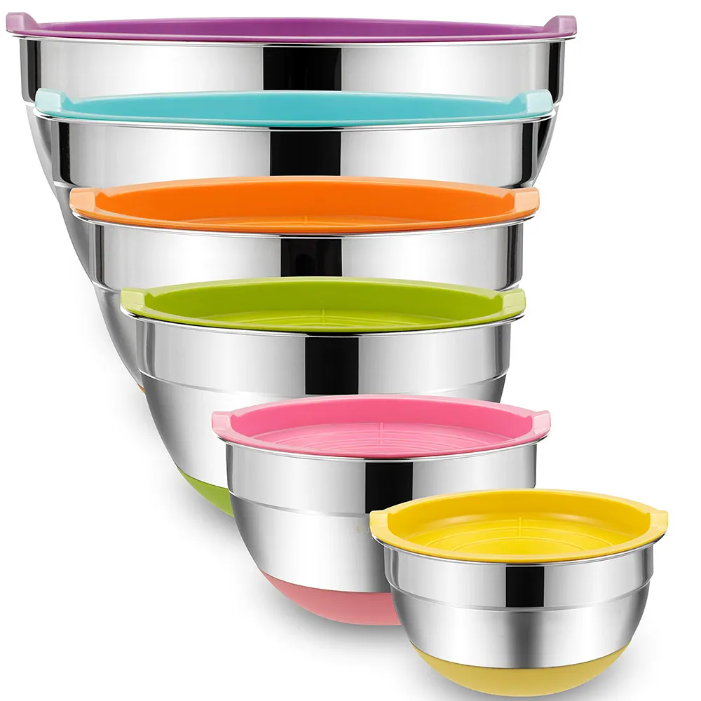 Saladas com tampas herméticas Tigelas de aço inoxidável Marcas Coloridas Non-Slip Bottoms para Metal Mixing Serving Bowls