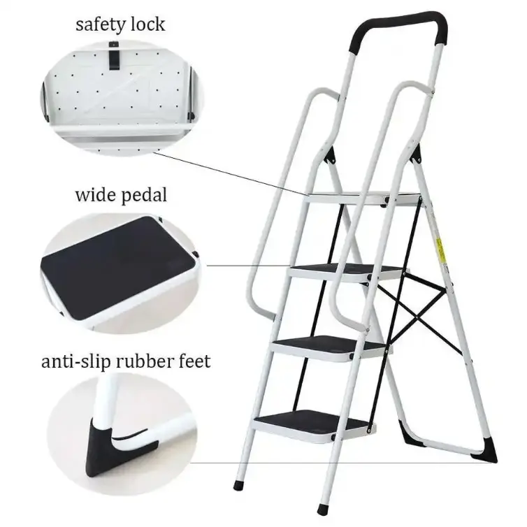 One Stop Stair Factory EN 131 White Steel Wide Pedal Ladder with Handrail for Wholesale