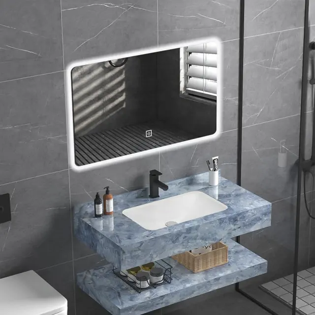 Conjunto de tocador de baño moderno, mueble de tocador individual con superficie sólida de mármol montado en la pared