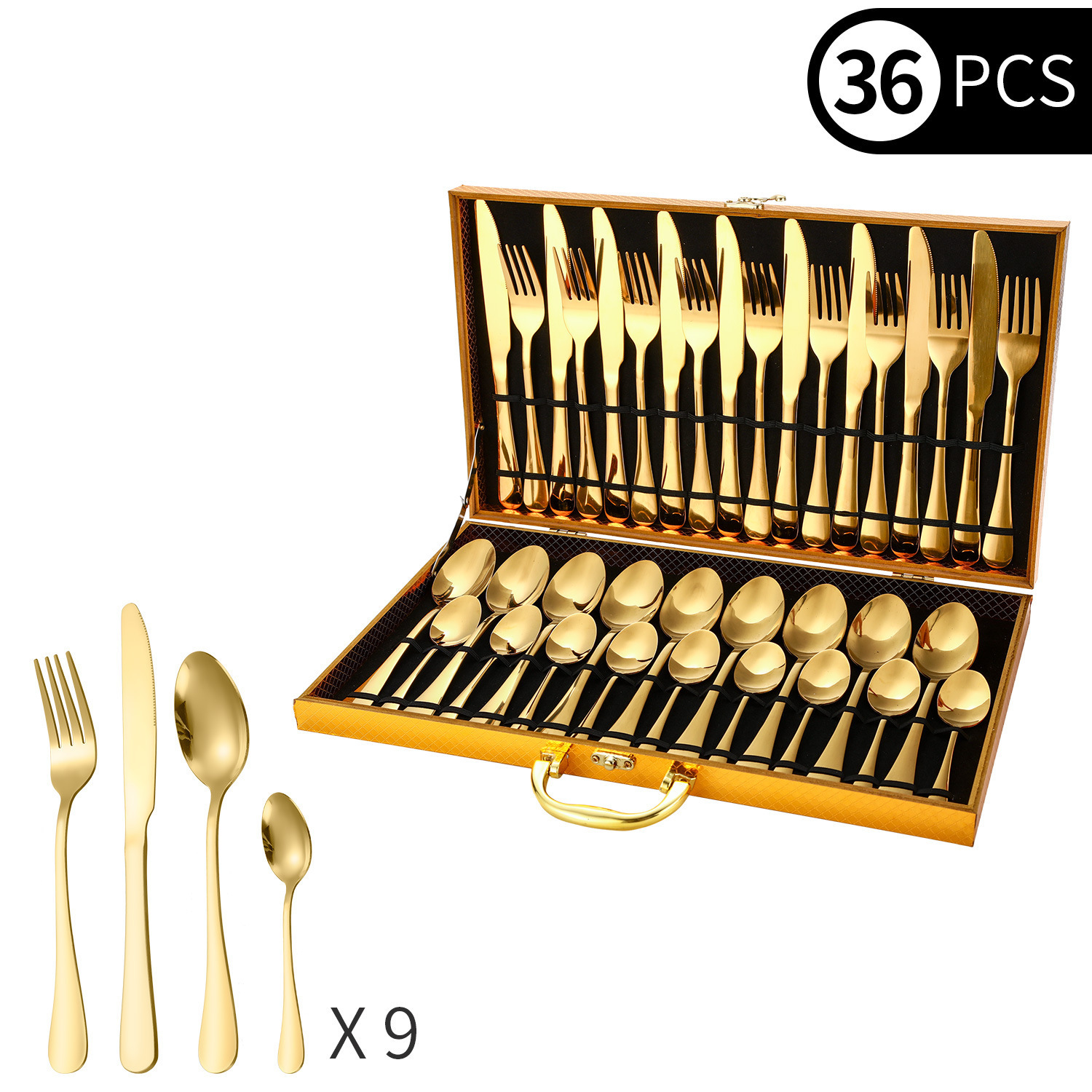 Juego de 36 piezas de oro, caja de madera dorada