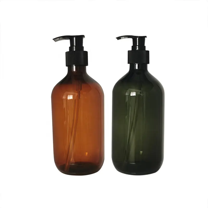 Condicionador de cabelo 300ml 500ml, âmbar, verde, plástico redondo, garrafa de bomba de shampoo com tampa preta