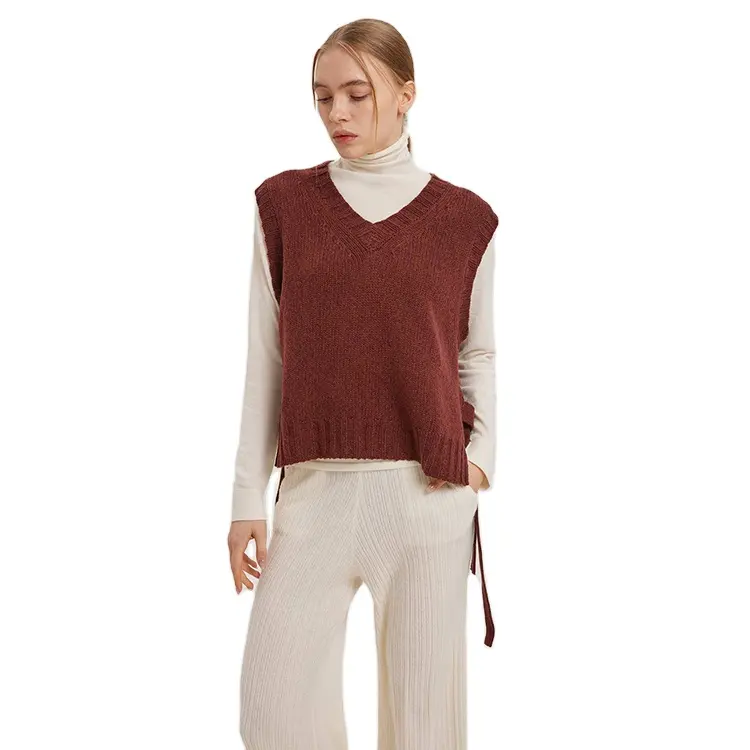 Gilets en laine avec col en v, gilet doux, personnalisé, à la mode, tricot féminin, ceinture fendue sur le côté,