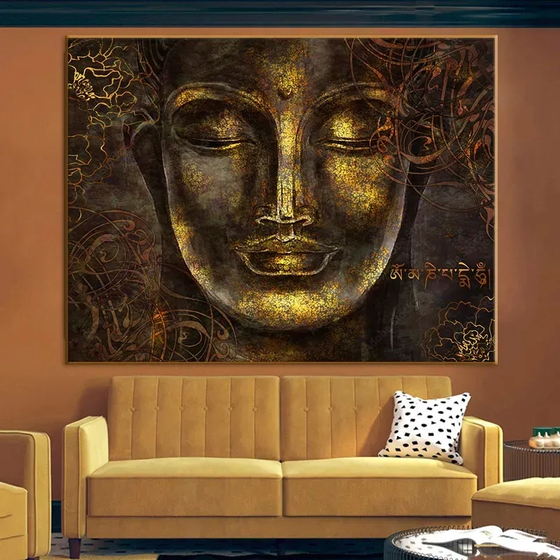 Or visage bouddha peinture à l'huile sur toile Cuadros affiches et impressions scandinave mur Art photo pour salon décor