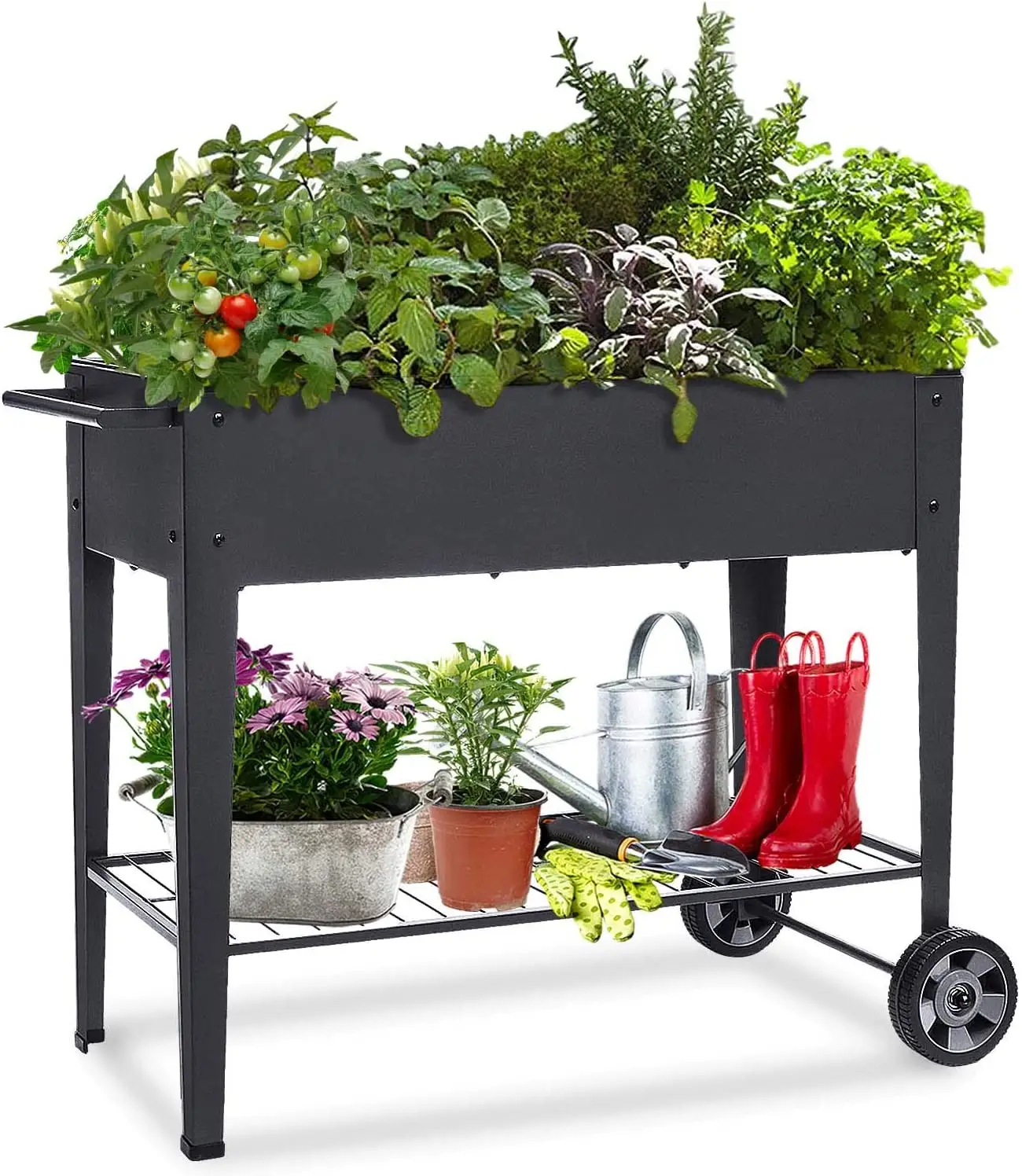 Jh-mech cama elevada de jardim, caixa plantadora de cama com pernas e rodas, para áreas externas, elevada, cama de jardim para legumes, ervas de flores