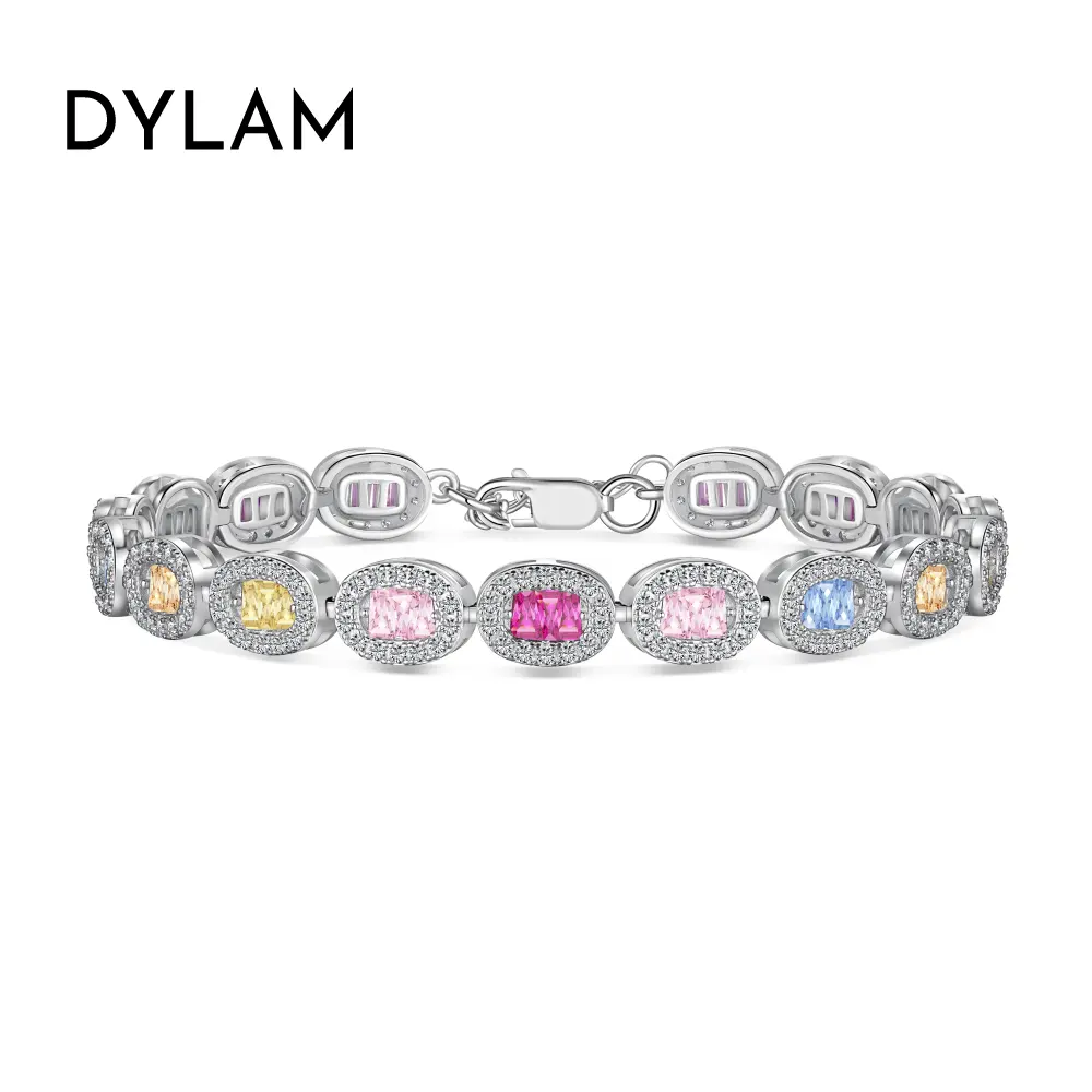 Low Price Sparkling 925 Sterling Silver Bracelet Jewelry Set Cubic Zirconia Colorful Pink Stone Diamond Tennis Bracelets Women