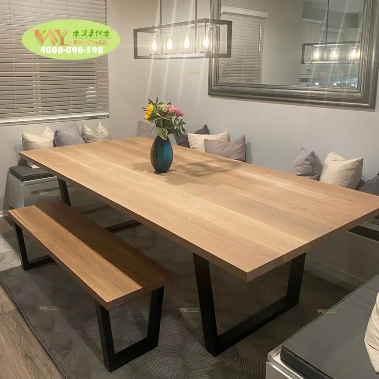 Mesa de jantar de madeira sólida, mesa de jantar com madeira de carvalho branco ou sólido com pernas de metal para café