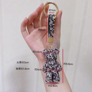 高品质彩色水晶水钻钻石蓝色粉色泰迪熊钥匙扣皮革闪亮动物熊珠光宝气