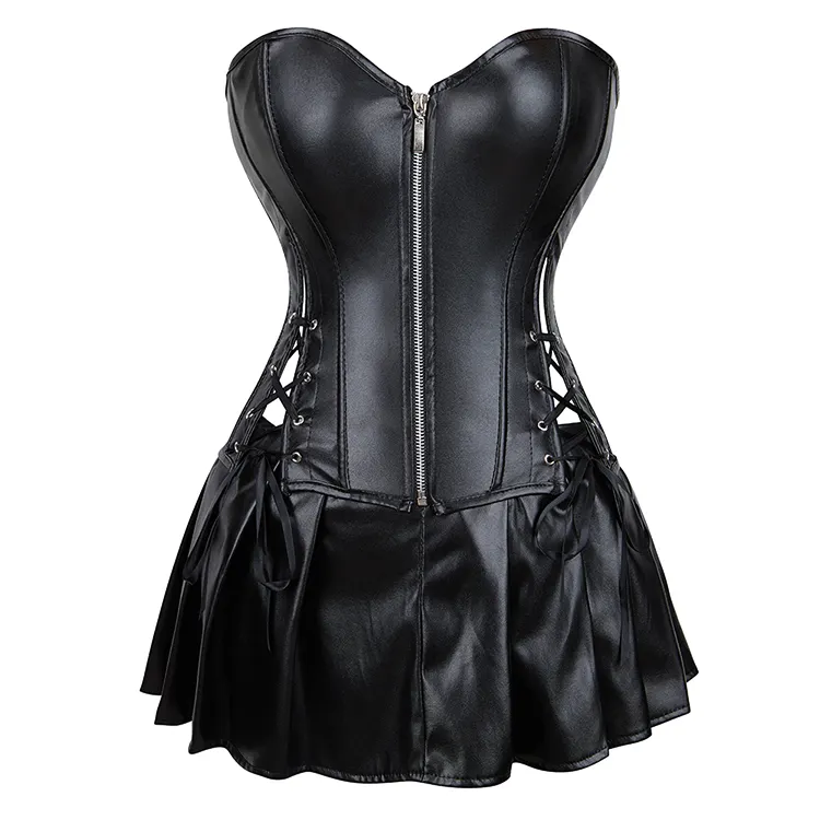 Ensemble de robe corset en similicuir pour femmes noir rouge fermeture éclair avant bustier corsets haut avec mini jupe