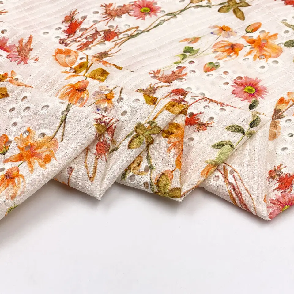 चीन बनाया परिधान कढ़ाई पत्तियां फूल voile खुदरा 100 कपास प्रतिक्रियाशील प्रिंट सुराख़ स्विस फीता सामग्री कपड़े