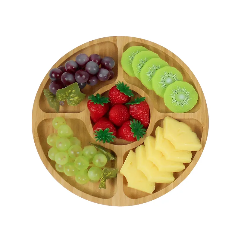 Bandeja servidora de frutas de bambu, 5 compartimentos, bandeja de comida, sobremesa redonda, venda imperdível