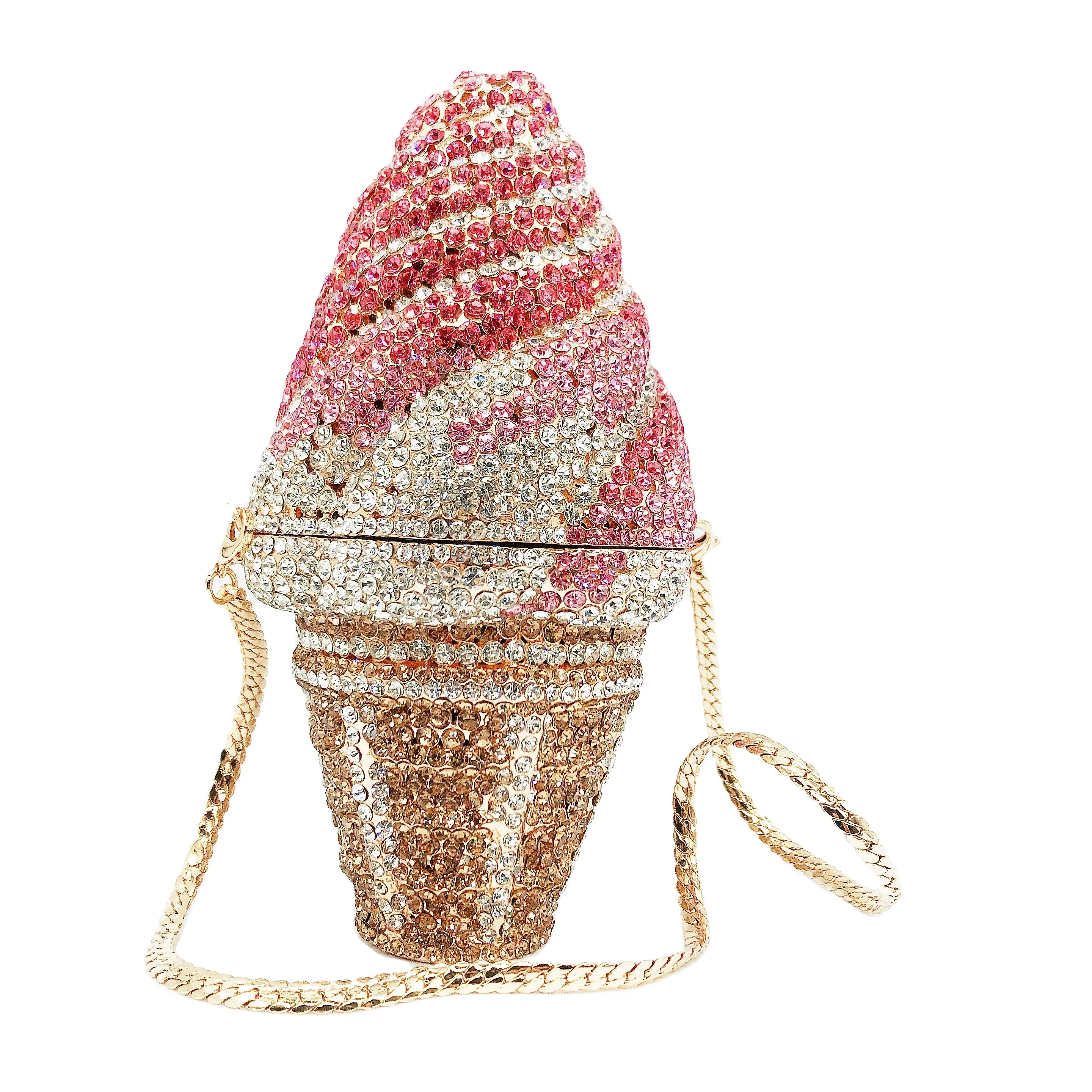 Venta directa de forma única de helado con incrustaciones de diamantes vestido de fiesta de cumpleaños bolso de hombro pequeños bolsos de noche