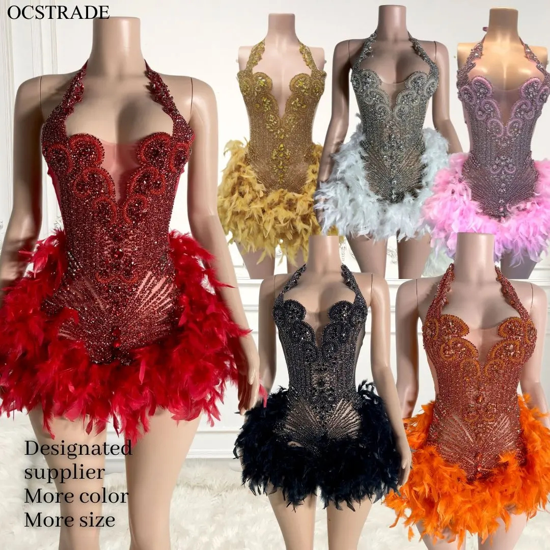 Ocstrade-vestido de lujo con escote en V para mujer, Vestido corto Sexy con plumas de cóctel, diamantes rosas, para fiesta de cumpleaños y Club, 2023