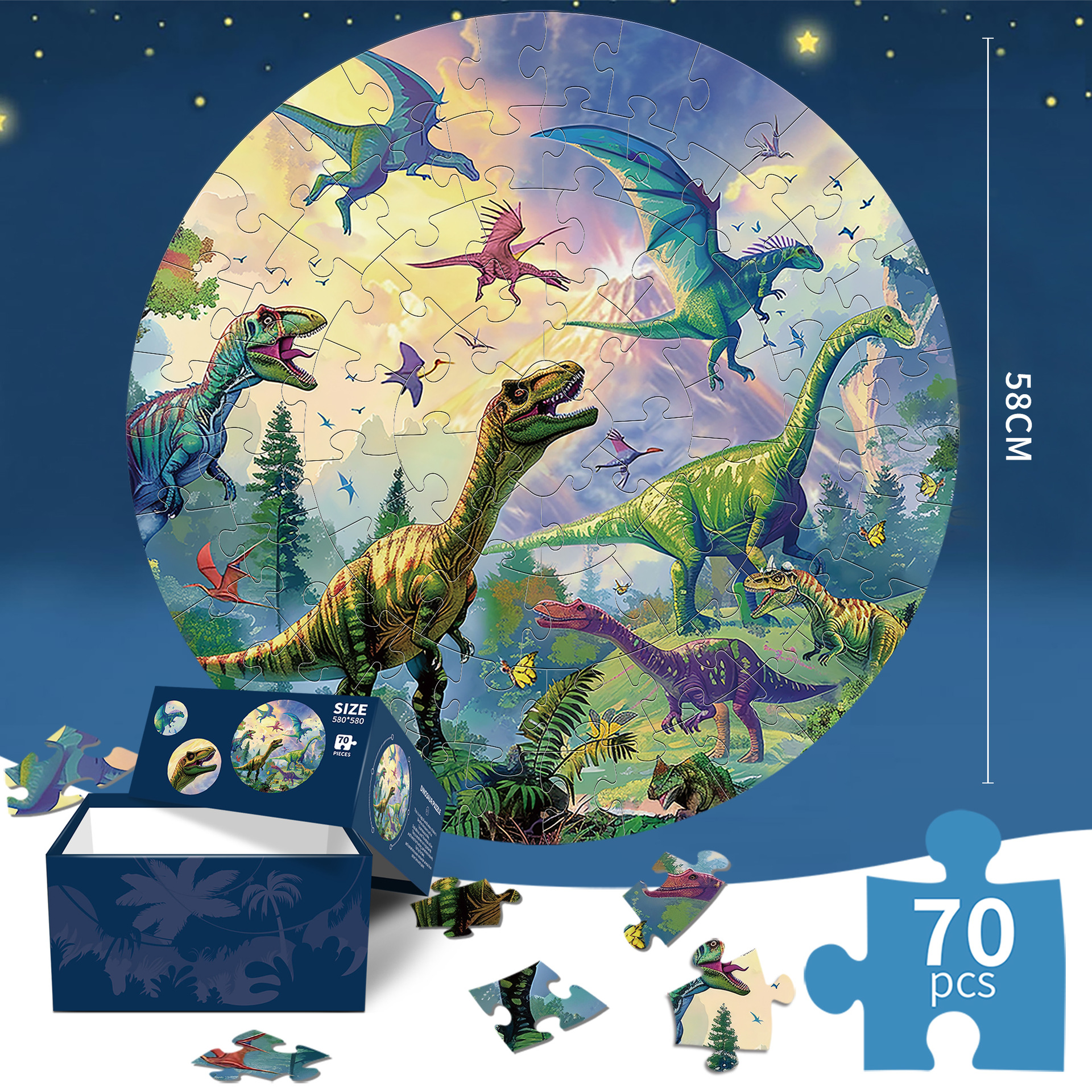 Puzzle de dinosaurios - 70 piezas, cartulina azul