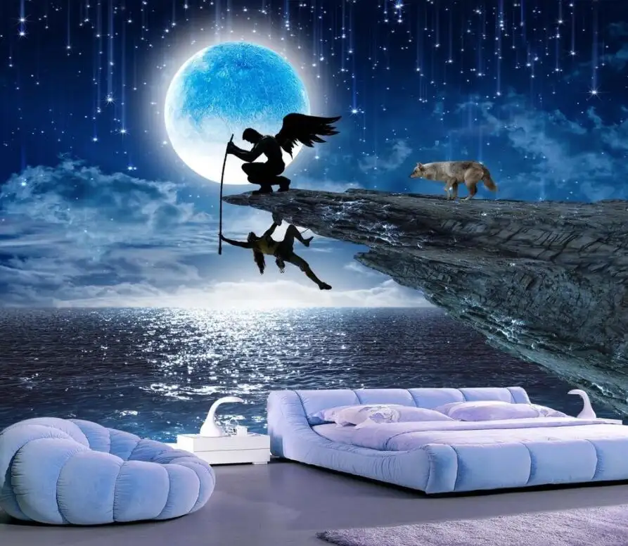 ZHIHAI Amore di salvataggio angelo cupido notte di luna piena creativo paesaggio di sfondo muro di lusso murale carta da parati 3d