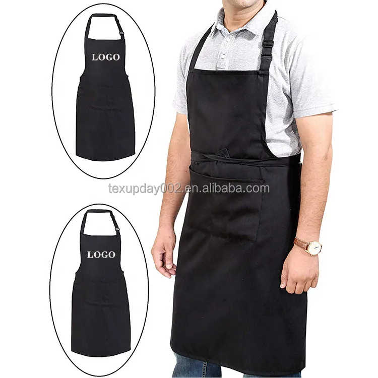 ผ้ากันเปื้อนผ้าฝ้ายโพลีเอสเตอร์สำหรับผู้ชายผ้ากันเปื้อนในครัวสำหรับทำอาหารกระเป๋าสำหรับเชฟ