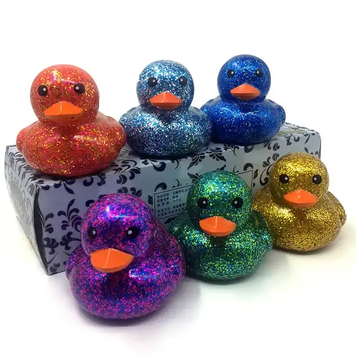 2.95 INCH Glitter Rubber Ducks Toy 6 Colors Assortment Bath Gifts Fidget Stress Relief Toys For Baby Kids Showers Summer Pool