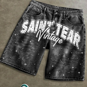 حجر مغسول بالأحجار الكريمة الكريستالية السوداء بلينغ تصميم خاص طول الركبة البضائع فضفاض مضيئة ، Jorts خمر - Product Image 2