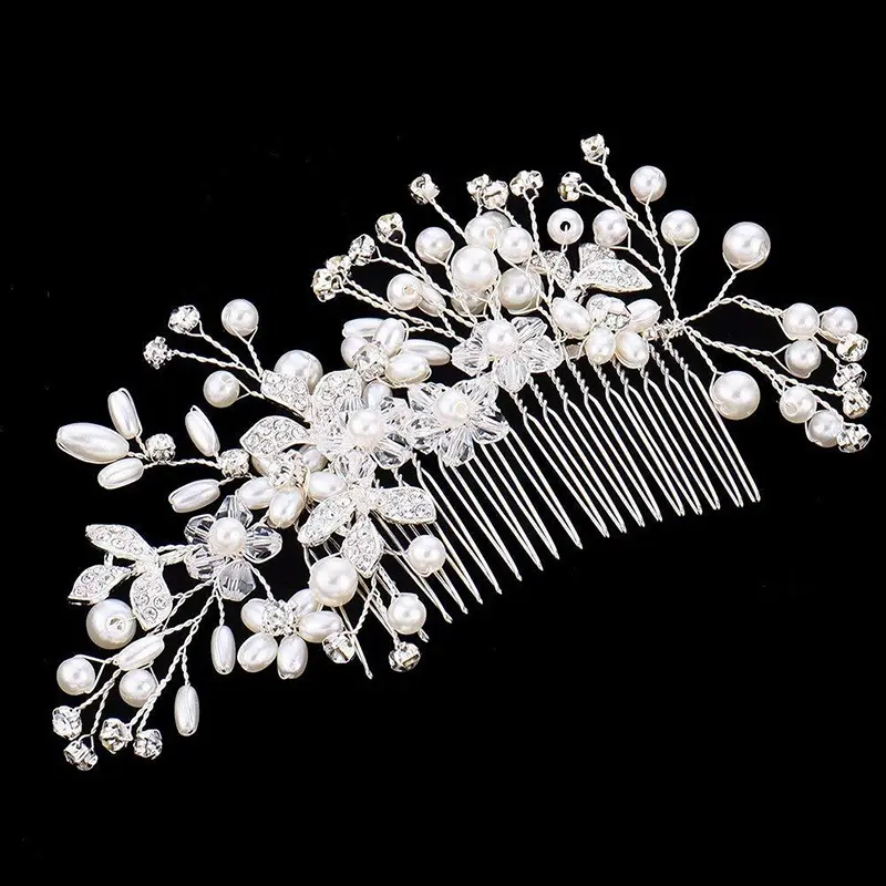 Shenglan Wedding Hair Comb Bạc Ngọc Trai Flower Bridal Clip Rhinestone Flower Tóc Comb Tóc Phụ Kiện Cho Cô Dâu Phụ Nữ