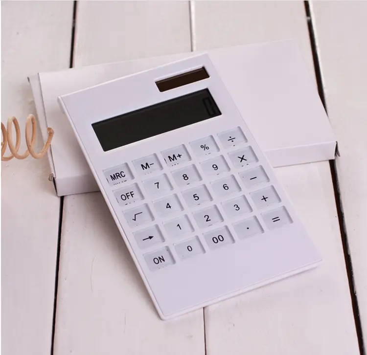 Soporte en T con logotipo personalizado, calculadora Digital de 12 pulgadas de acrílico transparente blanco, energía Solar, teclado de cristal, calculadora de doble potencia